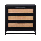 Commode à 3 tiroirs Gordon, Bois de manguier massif et cannage naturel, Pieds en métal noir, Style moderne de ferme