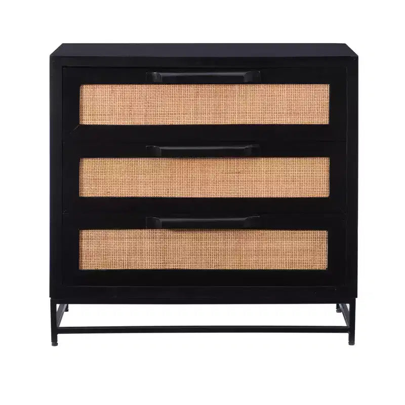 Commode à 3 tiroirs Gordon, Bois de manguier massif et cannage naturel, Pieds en métal noir, Style moderne de ferme