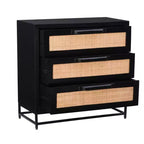 Commode à 3 tiroirs Gordon, Bois de manguier massif et cannage naturel, Pieds en métal noir, Style moderne de ferme