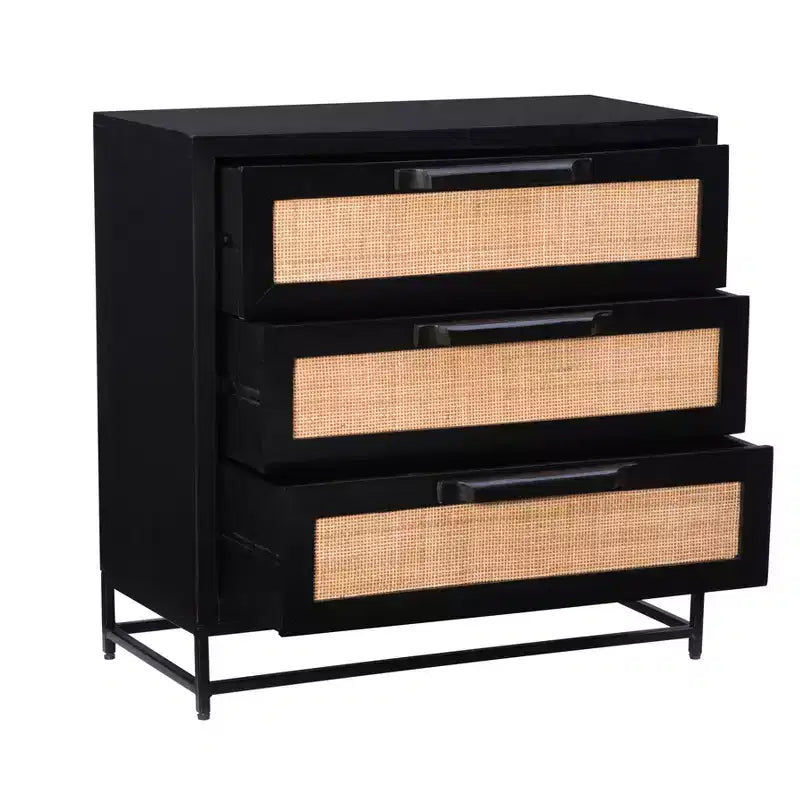 Commode à 3 tiroirs Gordon, Bois de manguier massif et cannage naturel, Pieds en métal noir, Style moderne de ferme