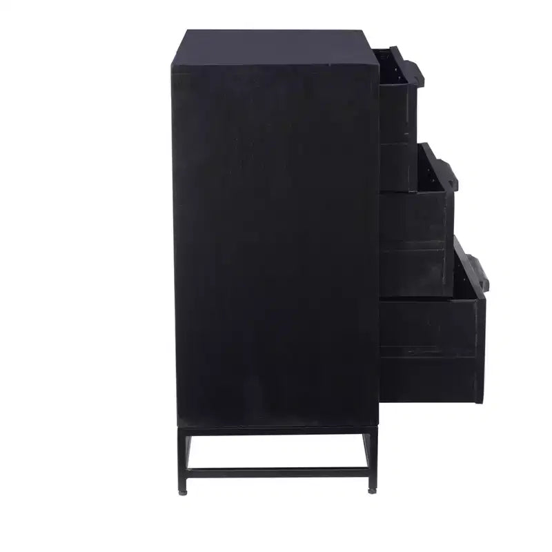 Commode à 3 tiroirs Gordon, Bois de manguier massif et cannage naturel, Pieds en métal noir, Style moderne de ferme