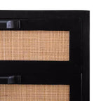 Commode à 3 tiroirs Gordon, Bois de manguier massif et cannage naturel, Pieds en métal noir, Style moderne de ferme