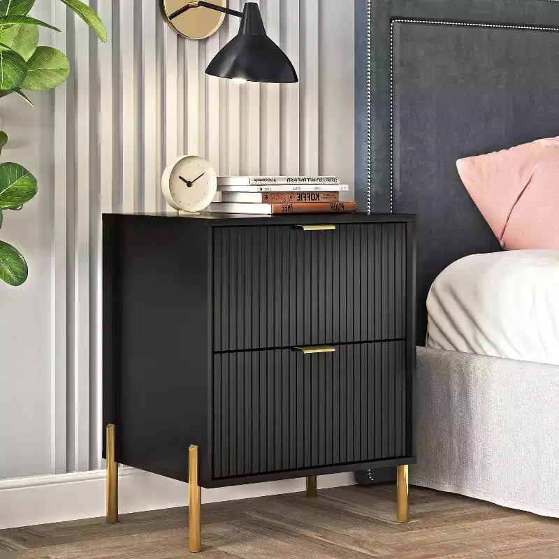 Table de chevet à 2 tiroirs noire, style scandinave moderne, MDF avec dispositif anti-basculement