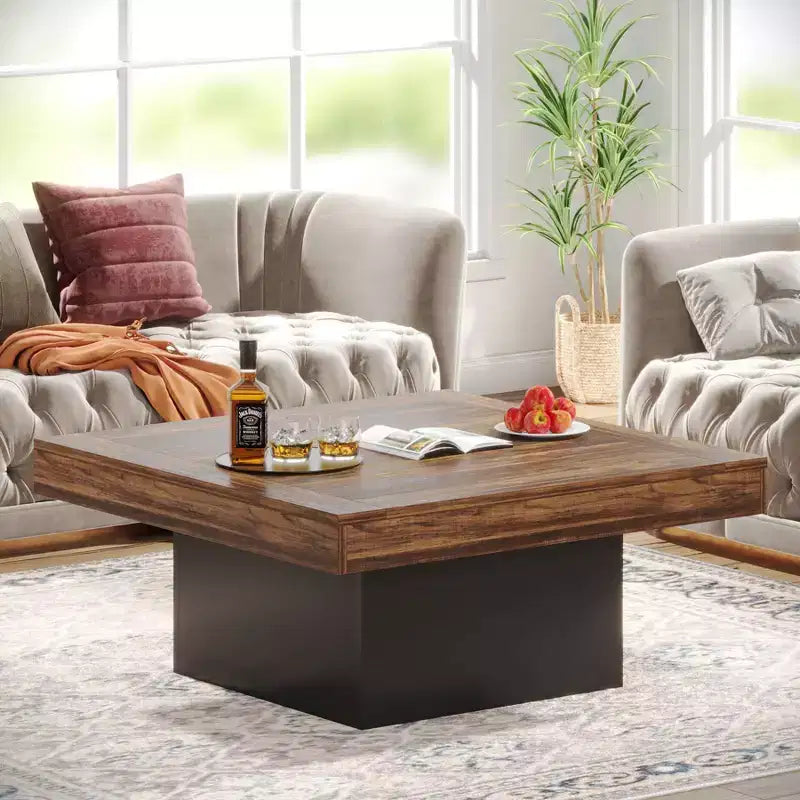 Table basse carrée en bois de style ferme avec éclairage LED, marron/noir