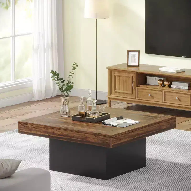 Table basse carrée en bois de style ferme avec éclairage LED, marron/noir