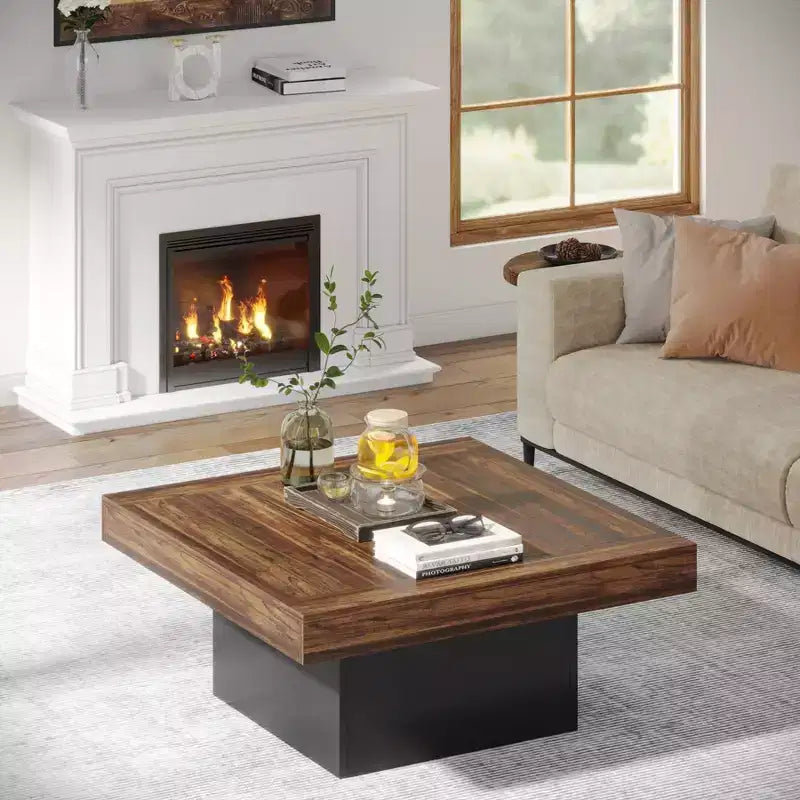 Table basse carrée en bois de style ferme avec éclairage LED, marron/noir