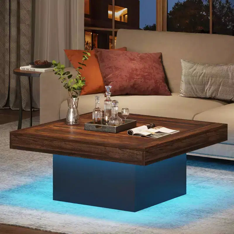 Table basse carrée en bois de style ferme avec éclairage LED, marron/noir