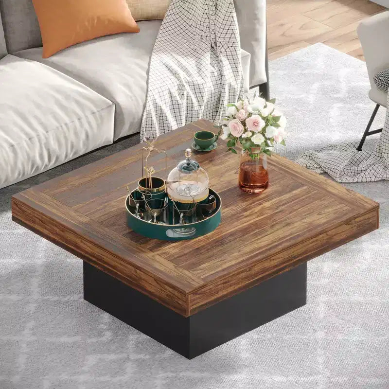 Table basse carrée en bois de style ferme avec éclairage LED, marron/noir