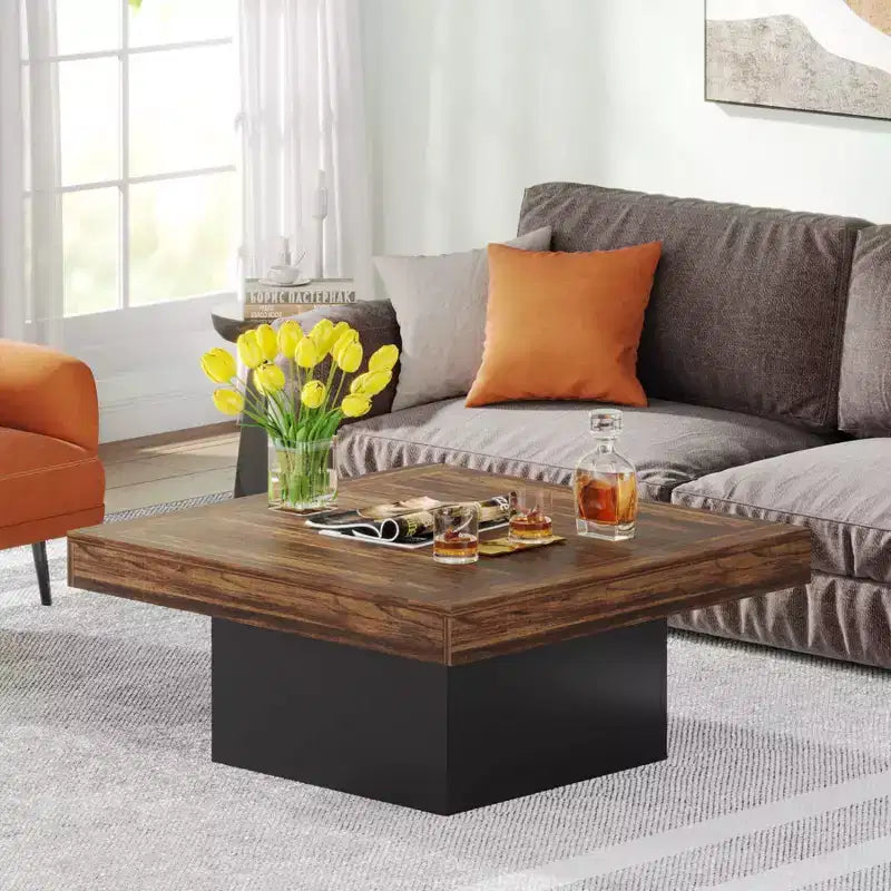 Table basse carrée en bois de style ferme avec éclairage LED, marron/noir