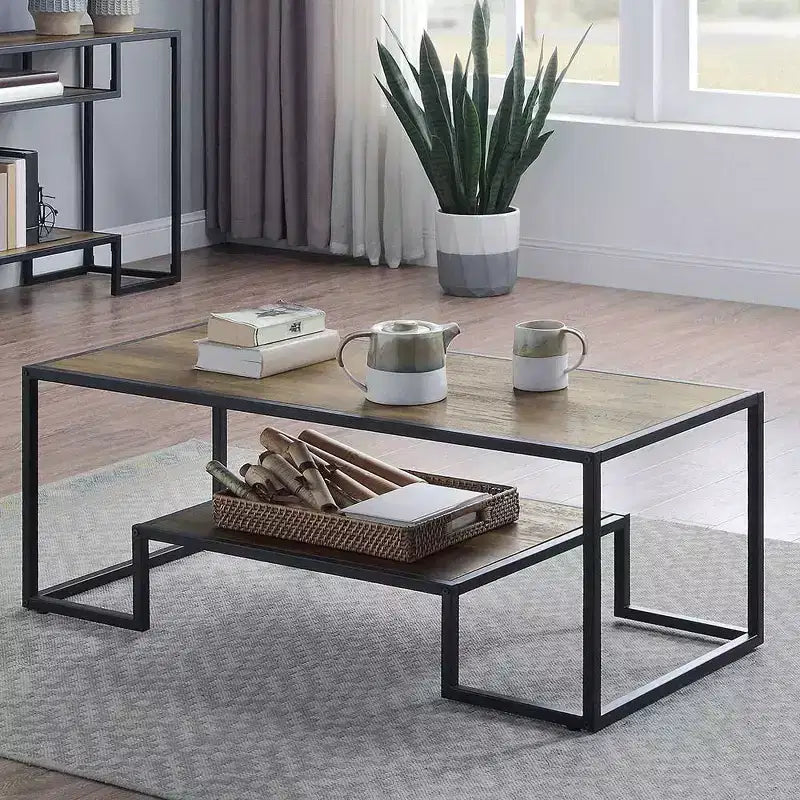 Table console Idella 48", chêne rustique et noir, étagère fixe, cadre métallique, aucun assemblage requis