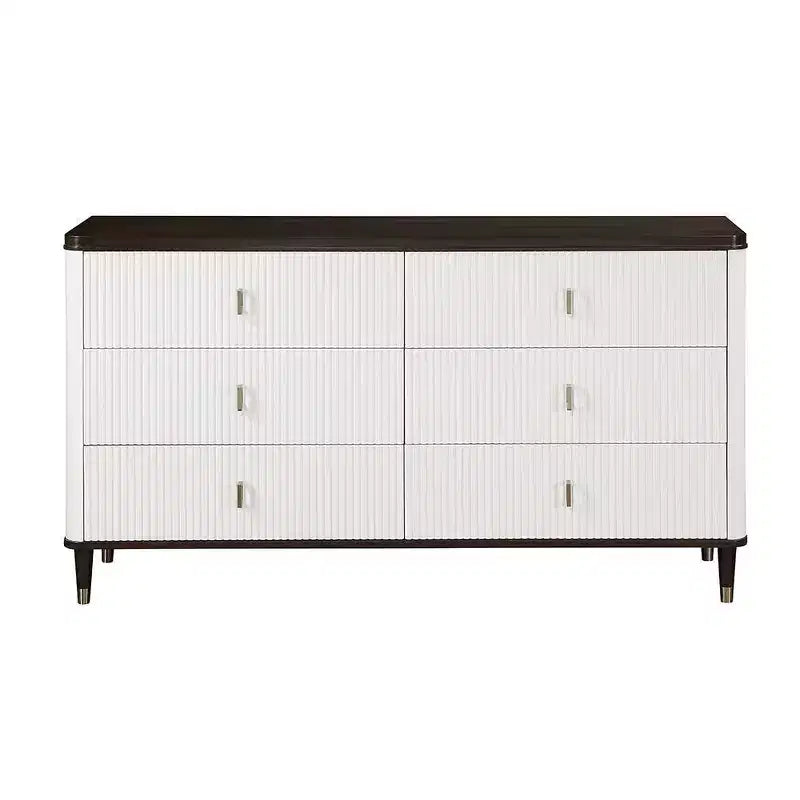 Commode de rangement décorative Carena à 5 tiroirs, 169 cm, finition blanc et marron, aucun assemblage requis