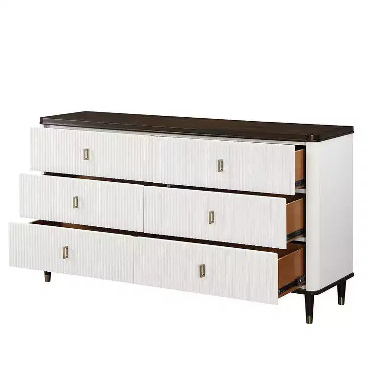 Commode de rangement décorative Carena à 5 tiroirs, 169 cm, finition blanc et marron, aucun assemblage requis