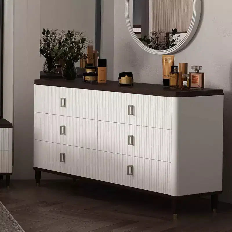Commode de rangement décorative Carena à 5 tiroirs, 169 cm, finition blanc et marron, aucun assemblage requis