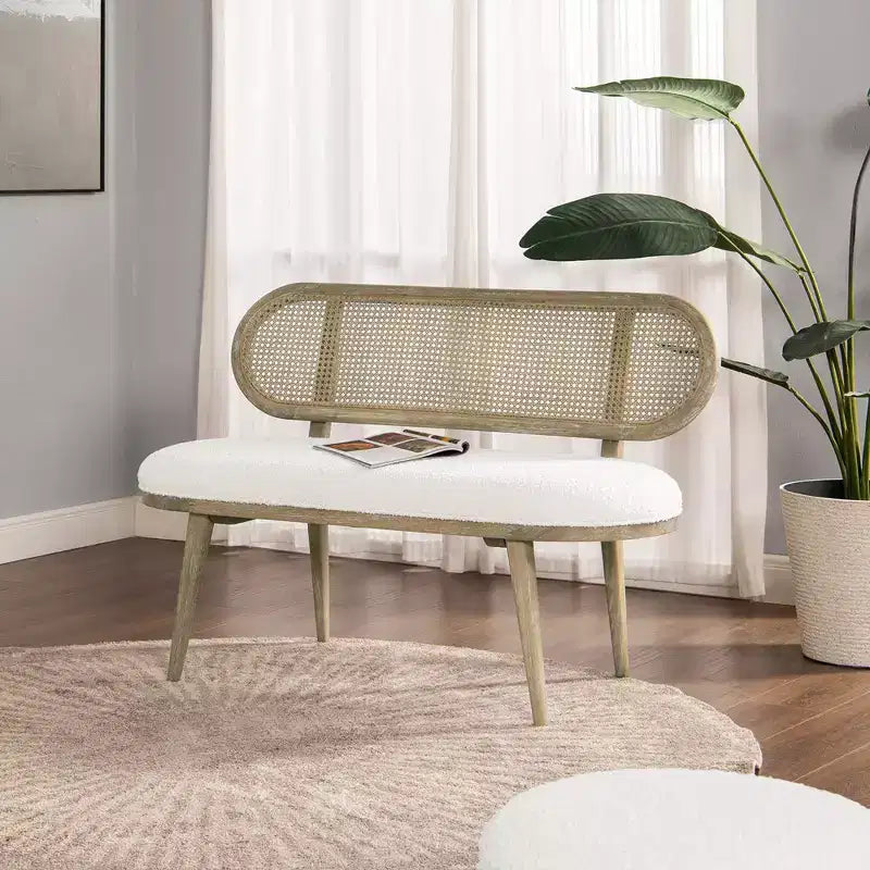Banc canapé rembourré Havana 42" en rotin, bouclé blanc ivoire