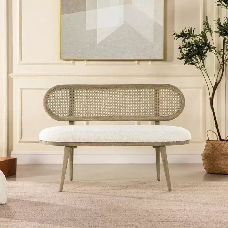 Banc canapé rembourré Havana 42" en rotin, bouclé blanc ivoire