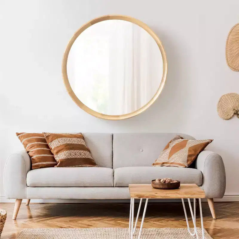 Miroir mural rond en bois avec cadre décoratif, miroir à suspendre pour la décoration intérieure