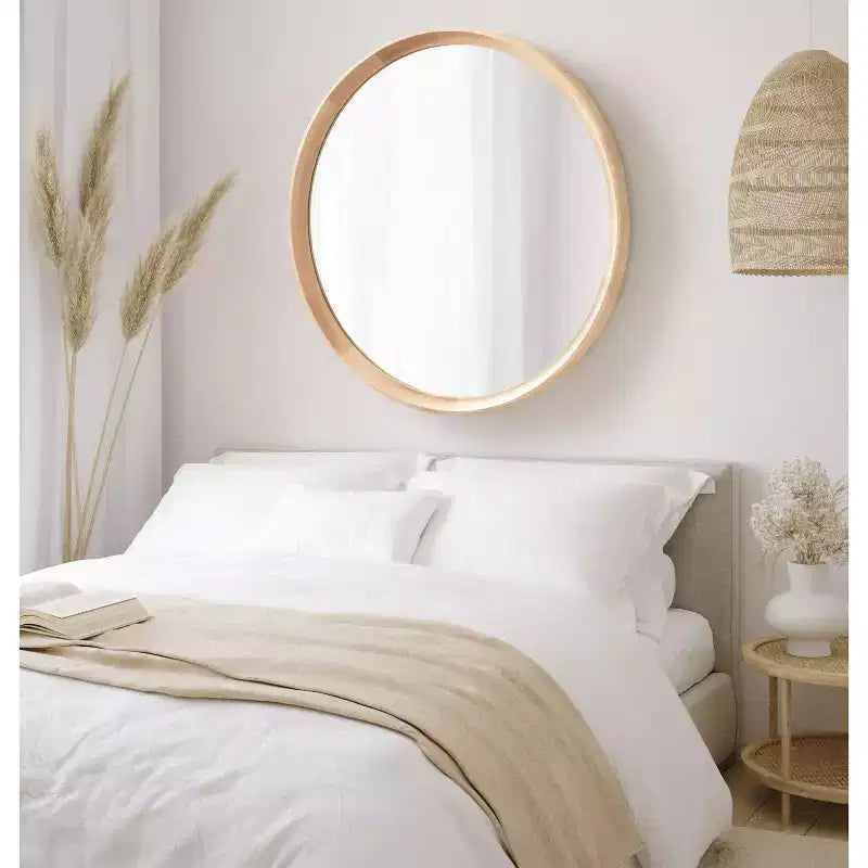 Miroir mural rond en bois avec cadre décoratif, miroir à suspendre pour la décoration intérieure