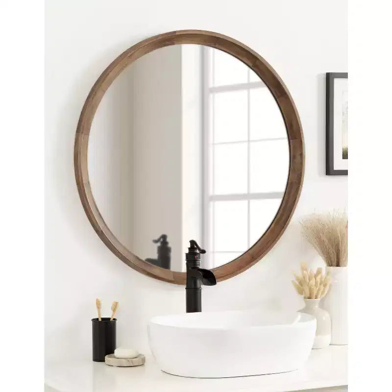 Miroir mural rond en bois avec cadre décoratif, miroir à suspendre pour la décoration intérieure