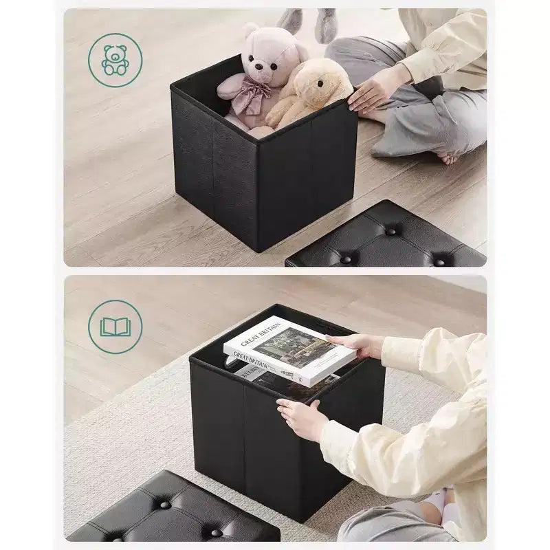 Pouf de rangement pliant 38 cm, Repose-pieds et table basse avec poignées, Similicuir