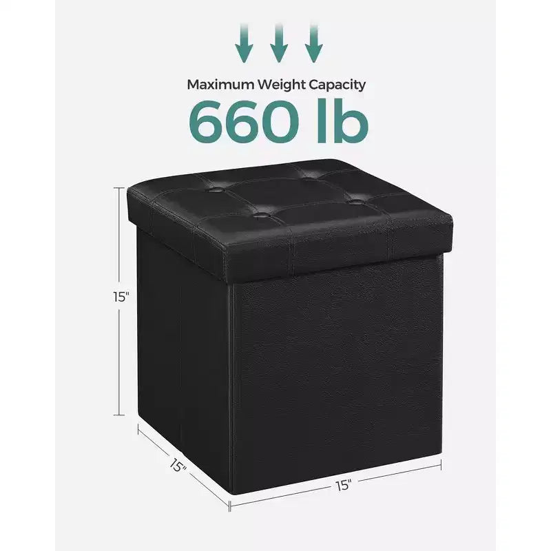 Pouf de rangement pliant 38 cm, Repose-pieds et table basse avec poignées, Similicuir