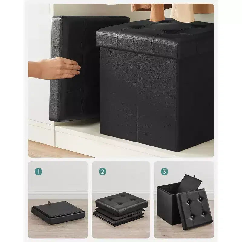Pouf de rangement pliant 38 cm, Repose-pieds et table basse avec poignées, Similicuir