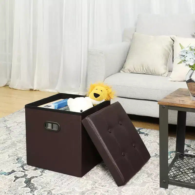 Pouf de rangement pliant 38 cm, Repose-pieds et table basse avec poignées, Similicuir