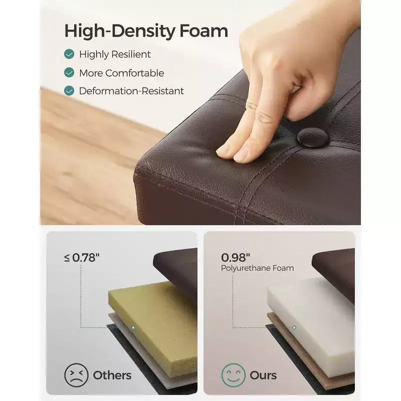 Pouf de rangement pliant 38 cm, Repose-pieds et table basse avec poignées, Similicuir