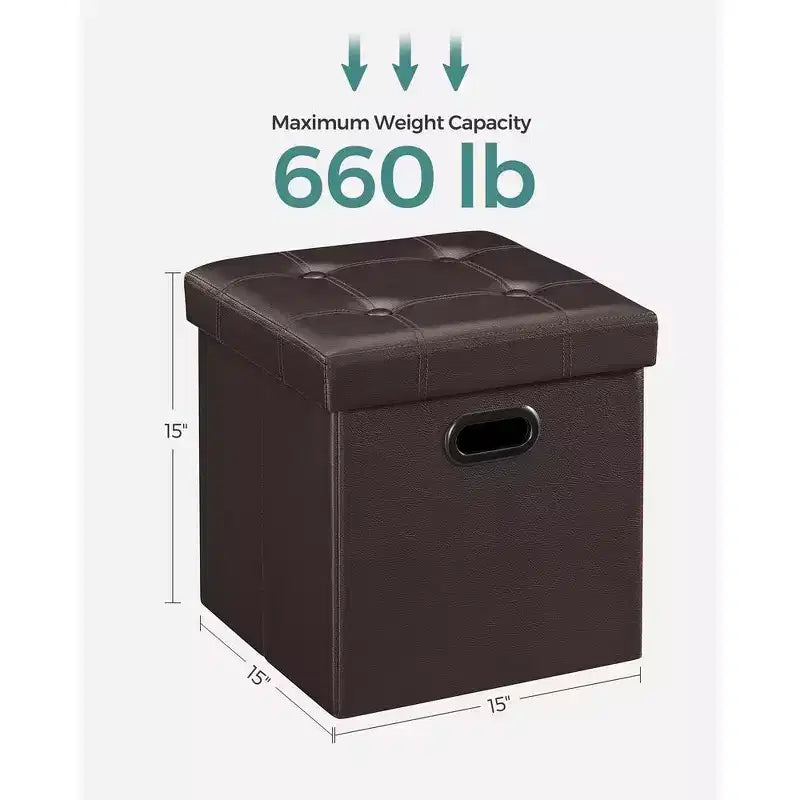 Pouf de rangement pliant 38 cm, Repose-pieds et table basse avec poignées, Similicuir