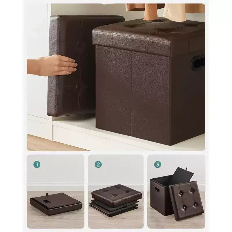 Pouf de rangement pliant 38 cm, Repose-pieds et table basse avec poignées, Similicuir