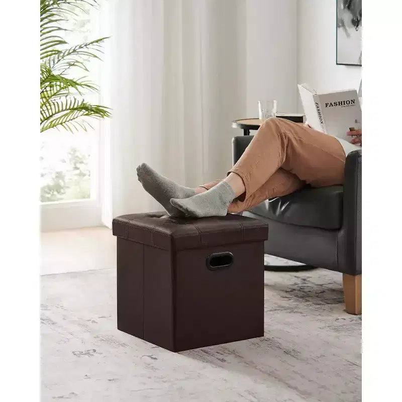 Pouf de rangement pliant 38 cm, Repose-pieds et table basse avec poignées, Similicuir
