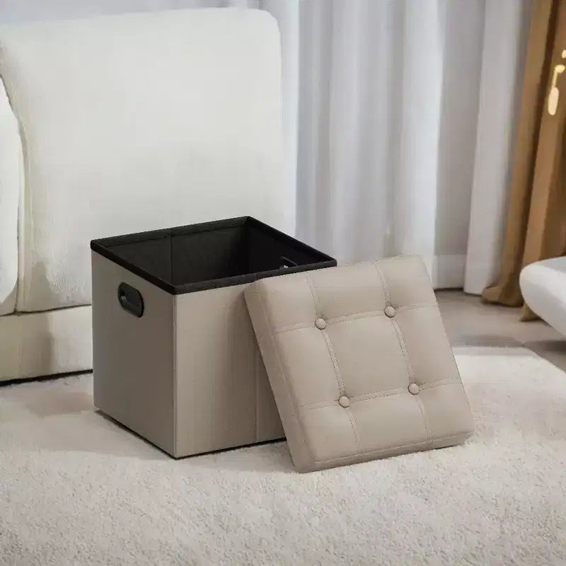 Pouf de rangement pliant 38 cm, Repose-pieds et table basse avec poignées, Similicuir