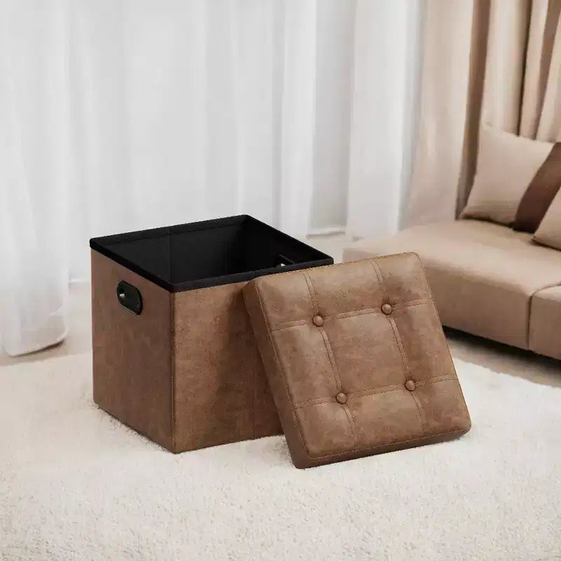 Pouf de rangement pliant 38 cm, Repose-pieds et table basse avec poignées, Similicuir