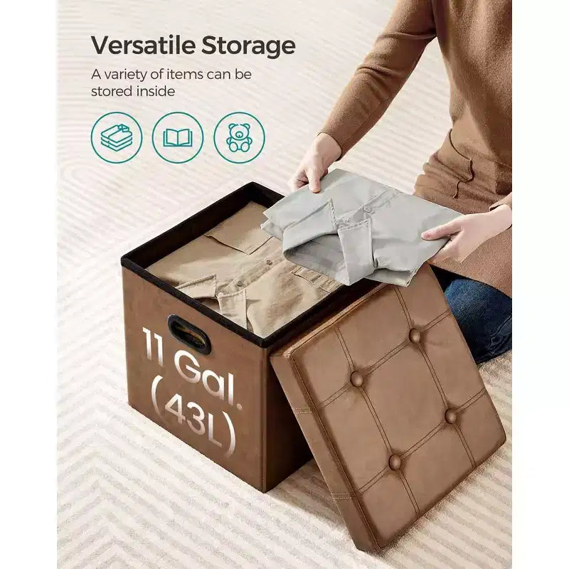 Pouf de rangement pliant 38 cm, Repose-pieds et table basse avec poignées, Similicuir