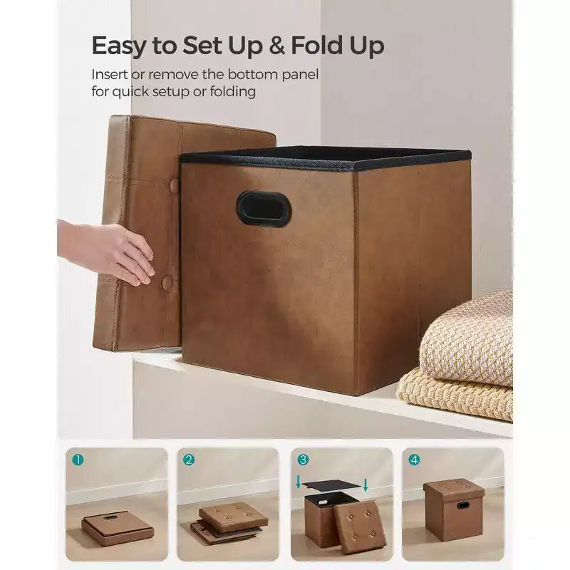 Pouf de rangement pliant 38 cm, Repose-pieds et table basse avec poignées, Similicuir