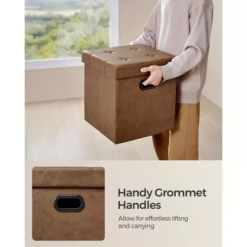 Pouf de rangement pliant 38 cm, Repose-pieds et table basse avec poignées, Similicuir