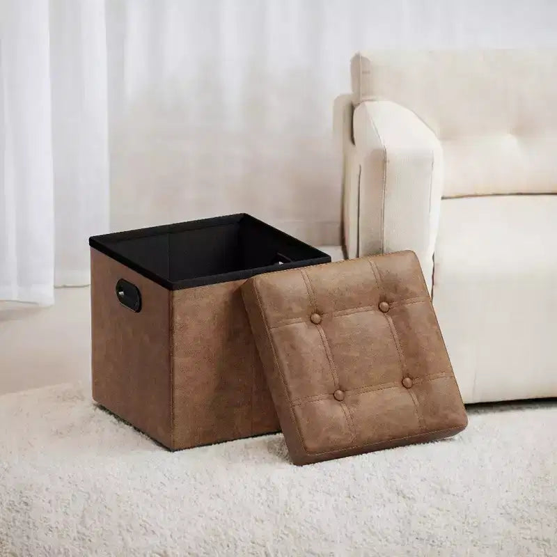 Pouf de rangement pliant 38 cm, Repose-pieds et table basse avec poignées, Similicuir