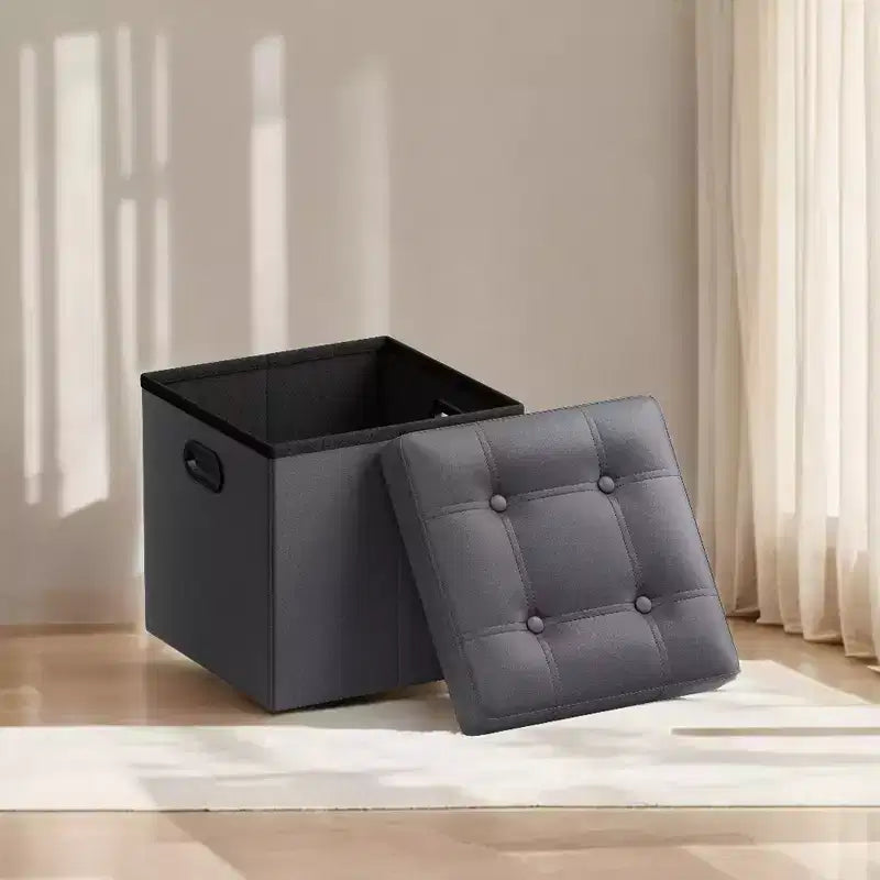 Pouf de rangement pliant 38 cm, Repose-pieds et table basse avec poignées, Similicuir
