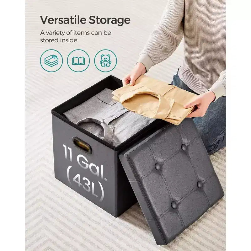 Pouf de rangement pliant 38 cm, Repose-pieds et table basse avec poignées, Similicuir
