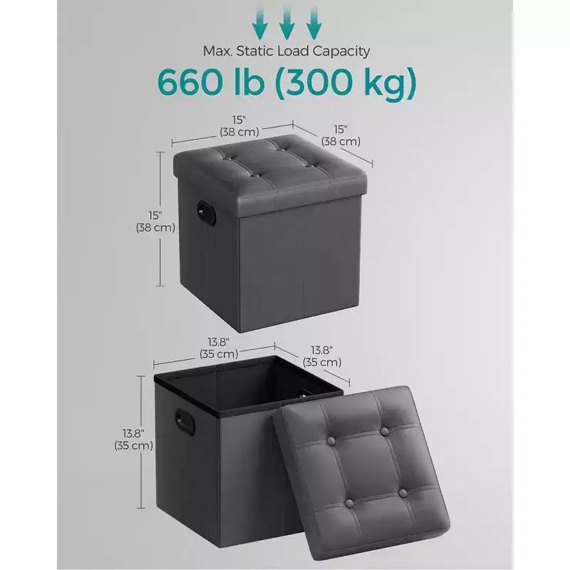 Pouf de rangement pliant 38 cm, Repose-pieds et table basse avec poignées, Similicuir