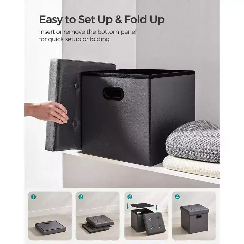 Pouf de rangement pliant 38 cm, Repose-pieds et table basse avec poignées, Similicuir