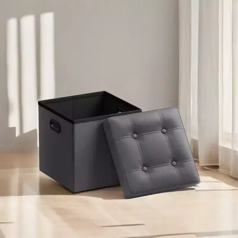 Pouf de rangement pliant 38 cm, Repose-pieds et table basse avec poignées, Similicuir