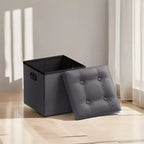 Pouf de rangement pliant 38 cm, Repose-pieds et table basse avec poignées, Similicuir