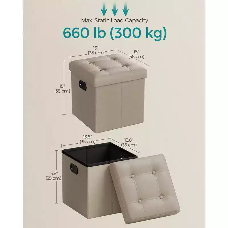 Pouf de rangement pliant 38 cm, Repose-pieds et table basse avec poignées, Similicuir