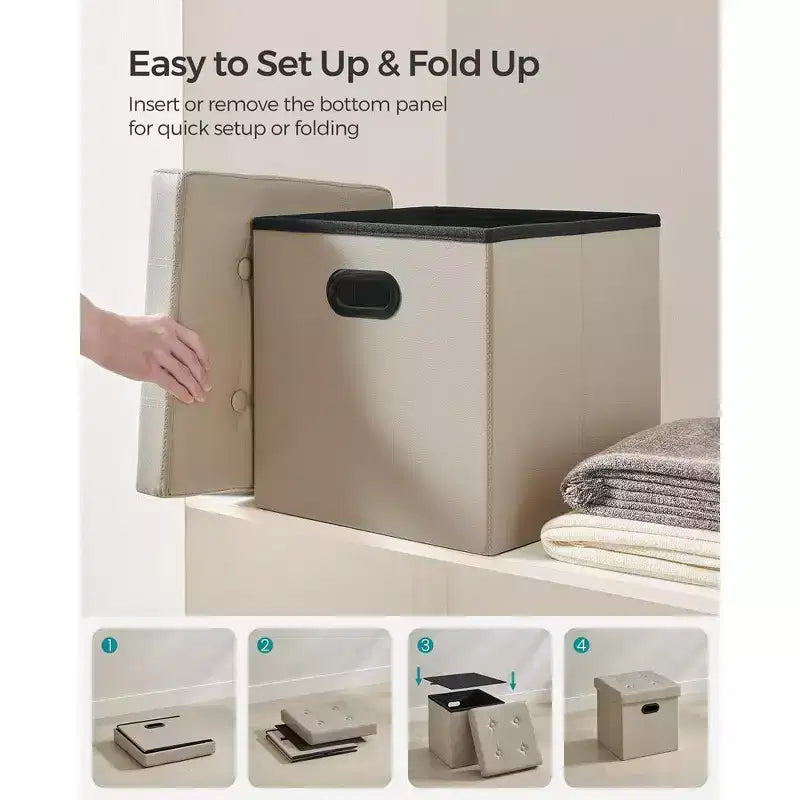 Pouf de rangement pliant 38 cm, Repose-pieds et table basse avec poignées, Similicuir
