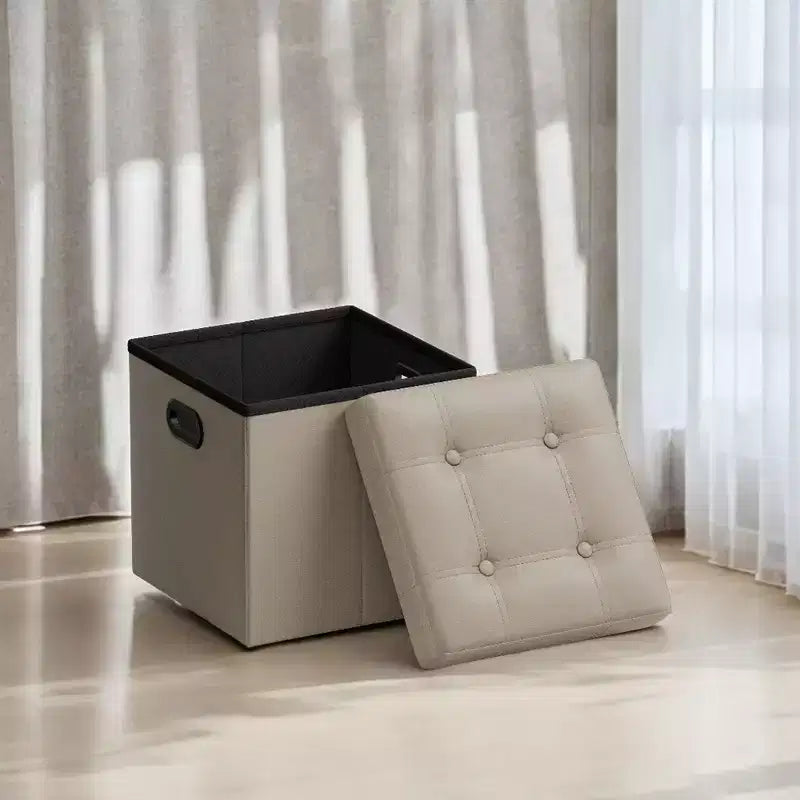 Pouf de rangement pliant 38 cm, Repose-pieds et table basse avec poignées, Similicuir