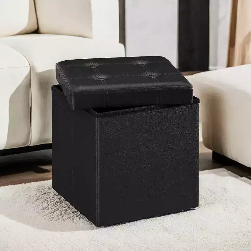 Pouf de rangement pliant 38 cm, Repose-pieds et table basse avec poignées, Similicuir