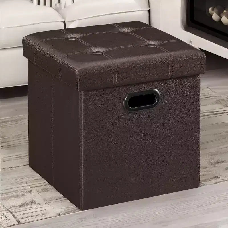 Pouf de rangement pliant 38 cm, Repose-pieds et table basse avec poignées, Similicuir