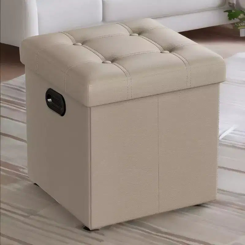 SONGMICS 15 Inches Folding Storage Ottoman, Cube Footrest, Coffee Table with Hole Handles, Faux Leather