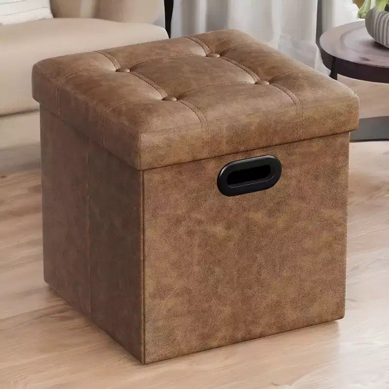 Pouf de rangement pliant 38 cm, Repose-pieds et table basse avec poignées, Similicuir