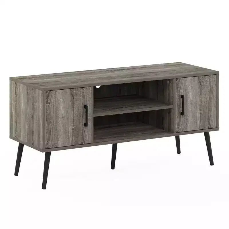 Meuble TV style Mid-Century avec 2 placards et étagères ouvertes pour TV jusqu'à 50", Chêne français gris